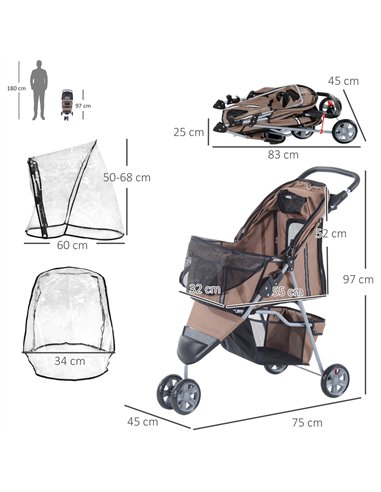 PawHut Dog Stroller with Cover for Small Miniature Dogs, Folding Cat Pram Dog Pushchair with Cup Holder, Storage Basket, Reflect
