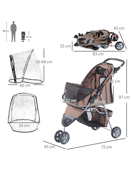 PawHut Dog Stroller with Cover for Small Miniature Dogs, Folding Cat Pram Dog Pushchair with Cup Holder, Storage Basket, Reflect - pic 145093 | FastDaddyshop