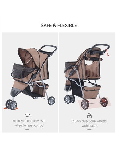 PawHut Dog Stroller with Cover for Small Miniature Dogs, Folding Cat Pram Dog Pushchair with Cup Holder, Storage Basket, Reflect