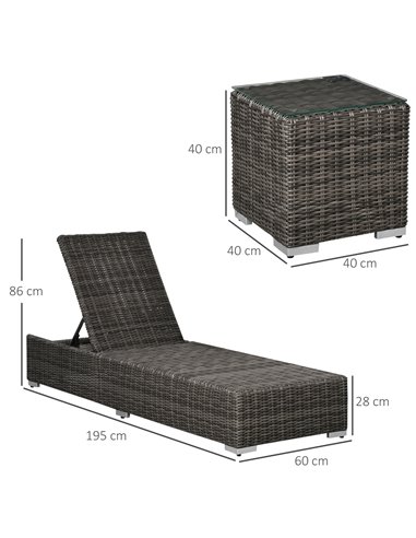 Outsunny 3 Pieces Patio PE Rattan Sun Lounger Set, Adjustable Outdoor Half-Round Wicker Aluminium Recliner Bed w/ Side Table Set