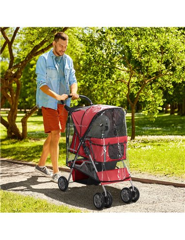 PawHut Dog Stroller with Rain Cover for Small Miniature Dogs, Folding Pet Pram with Cup Holder, Storage Basket, Reflective Strip