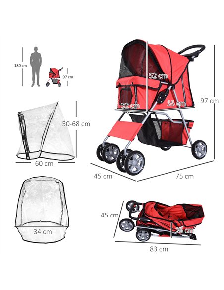 PawHut Dog Stroller with Rain Cover for Small Miniature Dogs, Folding Pet Pram with Cup Holder, Storage Basket, Reflective Strip - pic 145102 | FastDaddyshop