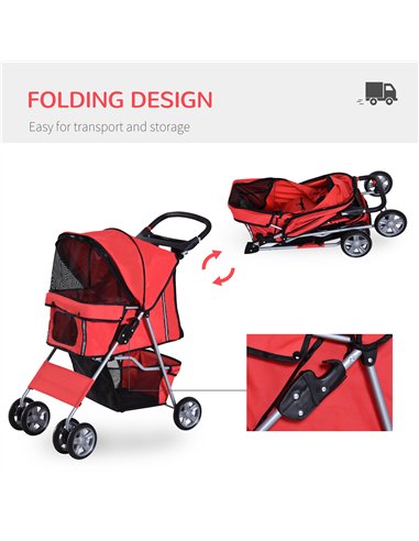 PawHut Dog Stroller with Rain Cover for Small Miniature Dogs, Folding Pet Pram with Cup Holder, Storage Basket, Reflective Strip