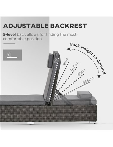 Outsunny 3 Pieces Patio PE Rattan Sun Lounger Set, Adjustable Outdoor Half-Round Wicker Aluminium Recliner Bed w/ Side Table Set
