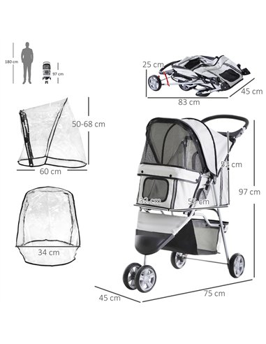 PawHut Dog Stroller with Cover for Small Miniature Dogs, Folding Cat Pram Dog Pushchair with Cup Holder, Storage Basket, Reflect