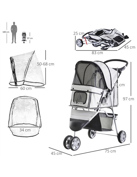 PawHut Dog Stroller with Cover for Small Miniature Dogs, Folding Cat Pram Dog Pushchair with Cup Holder, Storage Basket, Reflect - pic 145111 | FastDaddyshop