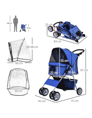 PawHut Dog Stroller with Rain Cover for Small Miniature Dogs, Folding Pet Pram with Cup Holder, Storage Basket, Reflective Strip