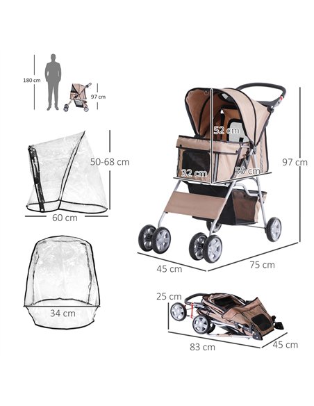 PawHut Dog Stroller with Rain Cover for Small Miniature Dogs, Folding Pet Pram with Cup Holder, Storage Basket, Reflective Strip - pic 145129 | FastDaddyshop