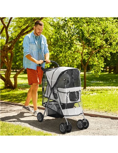 PawHut Dog Stroller with Rain Cover for Small Miniature Dogs, Folding Pet Pram with Cup Holder, Storage Basket, Reflective Strip