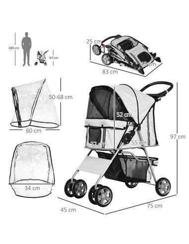 PawHut Dog Stroller with Rain Cover for Small Miniature Dogs, Folding Pet Pram with Cup Holder, Storage Basket, Reflective Strip