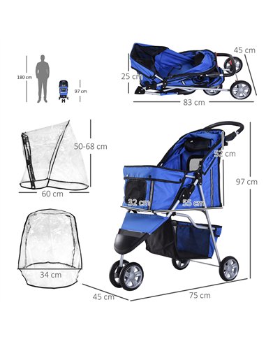 PawHut Dog Stroller with Cover for Small Miniature Dogs, Folding Cat Pram Dog Pushchair with Cup Holder, Storage Basket, Reflect