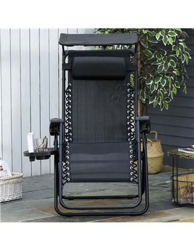 Outsunny Zero Gravity Garden Deck Folding Chair Patio Sun Lounger Reclining Seat with Cup Holder & Canopy Shade - Black
