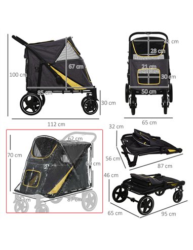 PawHut One-Click Foldable Pet Travel Stroller with Rain Cover, Cat Dog Pushchair with Universal Front Wheels, Shock Absorber, St