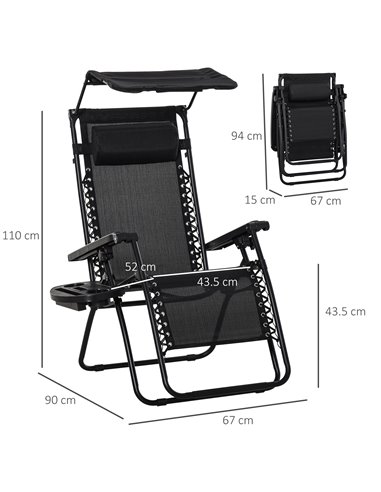 Outsunny Zero Gravity Garden Deck Folding Chair Patio Sun Lounger Reclining Seat with Cup Holder & Canopy Shade - Black