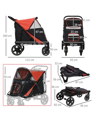 PawHut One-Click Foldable Pet Travel Stroller with Rain Cover, Cat Dog Pushchair with Universal Front Wheels, Shock Absorber, St