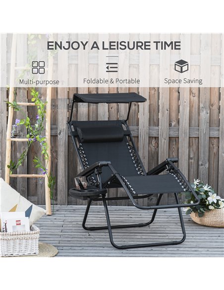 Outsunny Zero Gravity Garden Deck Folding Chair Patio Sun Lounger Reclining Seat with Cup Holder & Canopy Shade - Black - pic 14519 | FastDaddyshop