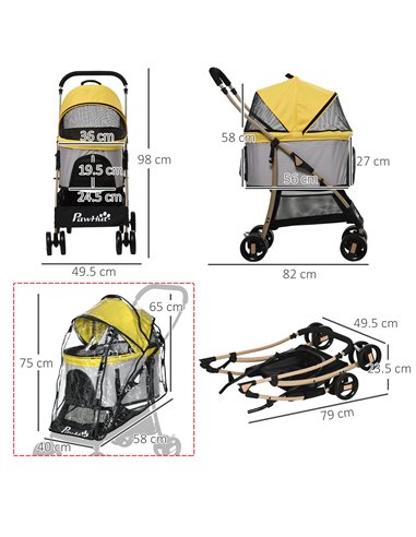 PawHut Detachable Pet Stroller with Rain Cover, 3 In 1 Cat Dog Pushchair, Foldable Carrying Bag w/ Universal Wheels, Brake, Cano