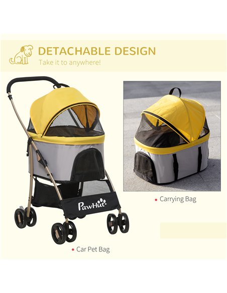 PawHut Detachable Pet Stroller with Rain Cover, 3 In 1 Cat Dog Pushchair, Foldable Carrying Bag w/ Universal Wheels, Brake, Cano - pic 145195 | FastDaddyshop