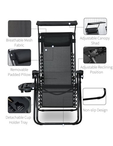 Outsunny Zero Gravity Garden Deck Folding Chair Patio Sun Lounger Reclining Seat with Cup Holder & Canopy Shade - Black