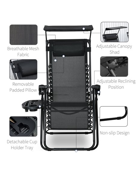Outsunny Zero Gravity Garden Deck Folding Chair Patio Sun Lounger Reclining Seat with Cup Holder & Canopy Shade - Black - pic 14520 | FastDaddyshop