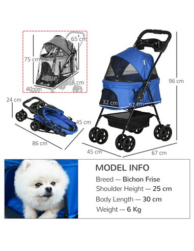 PawHut Dog Stroller with Rain Cover, Dog Pushchair One-Click Fold Trolley Jogger with EVA Wheels Brake Basket Adjustable Canopy 