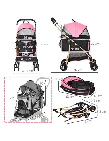 PawHut Detachable Pet Stroller with Rain Cover, 3 In 1 Cat Dog Pushchair, Foldable Carrying Bag w/ Universal Wheels, Brake, Cano