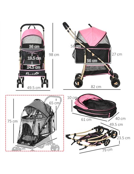PawHut Detachable Pet Stroller with Rain Cover, 3 In 1 Cat Dog Pushchair, Foldable Carrying Bag w/ Universal Wheels, Brake, Cano - pic 145210 | FastDaddyshop