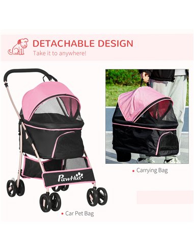 PawHut Detachable Pet Stroller with Rain Cover, 3 In 1 Cat Dog Pushchair, Foldable Carrying Bag w/ Universal Wheels, Brake, Cano