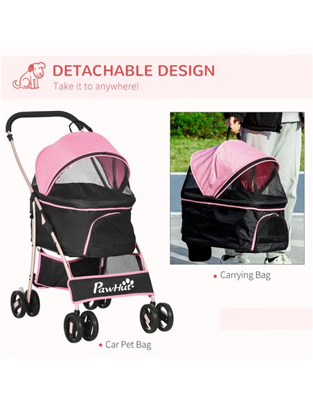 PawHut Detachable Pet Stroller with Rain Cover, 3 In 1 Cat Dog Pushchair, Foldable Carrying Bag w/ Universal Wheels, Brake, Cano - pic 145212 | FastDaddyshop