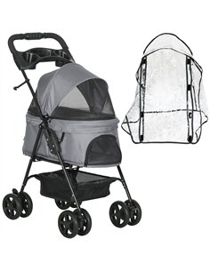 PawHut Dog Stroller with Rain Cover, Dog Pushchair One-Click Fold Trolley Jogger with EVA Wheels Brake Basket Adjustable Canopy 