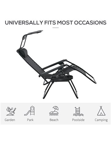 Outsunny Zero Gravity Garden Deck Folding Chair Patio Sun Lounger Reclining Seat with Cup Holder & Canopy Shade - Black