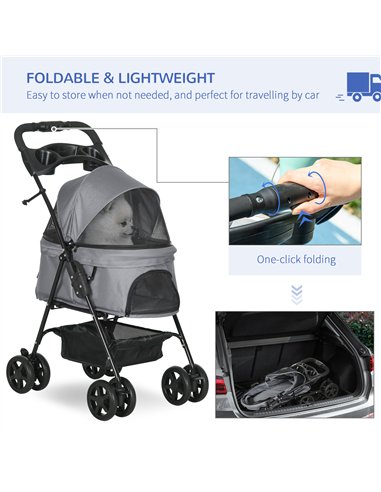 PawHut Dog Stroller with Rain Cover, Dog Pushchair One-Click Fold Trolley Jogger with EVA Wheels Brake Basket Adjustable Canopy 