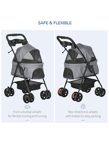 PawHut Dog Stroller with Rain Cover, Dog Pushchair One-Click Fold Trolley Jogger with EVA Wheels Brake Basket Adjustable Canopy 