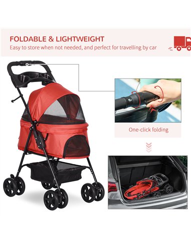 PawHut Dog Stroller with Rain Cover, Dog Pushchair One-Click Fold Trolley Jogger with EVA Wheels Brake Basket Adjustable Canopy 