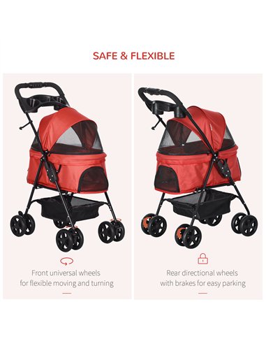 PawHut Dog Stroller with Rain Cover, Dog Pushchair One-Click Fold Trolley Jogger with EVA Wheels Brake Basket Adjustable Canopy 