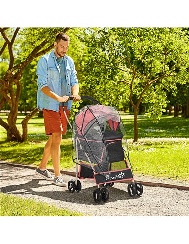 PawHut Detachable Pet Stroller with Rain Cover, 3 In 1 Cat Dog Pushchair, Foldable Carrying Bag w/ Universal Wheels, Brake, Cano