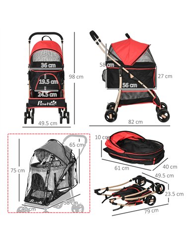PawHut Detachable Pet Stroller with Rain Cover, 3 In 1 Cat Dog Pushchair, Foldable Carrying Bag w/ Universal Wheels, Brake, Cano