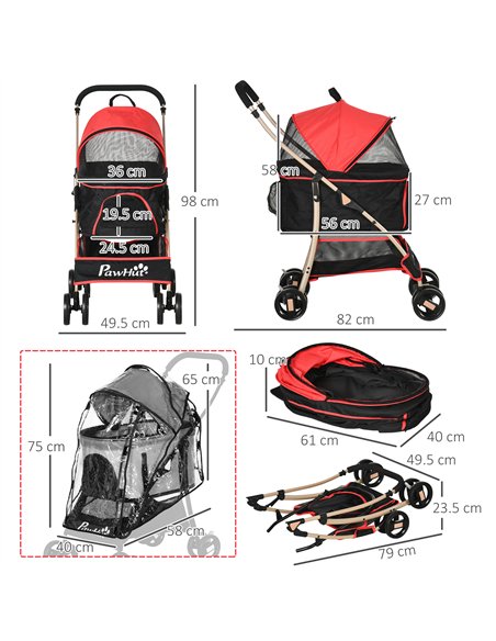 PawHut Detachable Pet Stroller with Rain Cover, 3 In 1 Cat Dog Pushchair, Foldable Carrying Bag w/ Universal Wheels, Brake, Cano - pic 145237 | FastDaddyshop