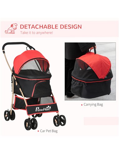 PawHut Detachable Pet Stroller with Rain Cover, 3 In 1 Cat Dog Pushchair, Foldable Carrying Bag w/ Universal Wheels, Brake, Cano