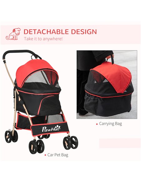 PawHut Detachable Pet Stroller with Rain Cover, 3 In 1 Cat Dog Pushchair, Foldable Carrying Bag w/ Universal Wheels, Brake, Cano - pic 145239 | FastDaddyshop