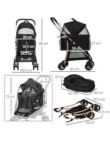 PawHut Detachable Pet Stroller with Rain Cover, 3 In 1 Cat Dog Pushchair, Foldable Carrying Bag w/ Universal Wheels, Brake, Cano