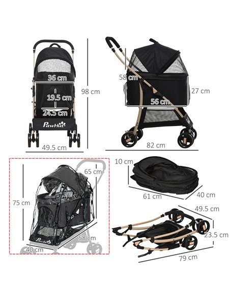 PawHut Detachable Pet Stroller with Rain Cover, 3 In 1 Cat Dog Pushchair, Foldable Carrying Bag w/ Universal Wheels, Brake, Cano - pic 145246 | FastDaddyshop