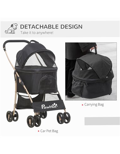 PawHut Detachable Pet Stroller with Rain Cover, 3 In 1 Cat Dog Pushchair, Foldable Carrying Bag w/ Universal Wheels, Brake, Cano