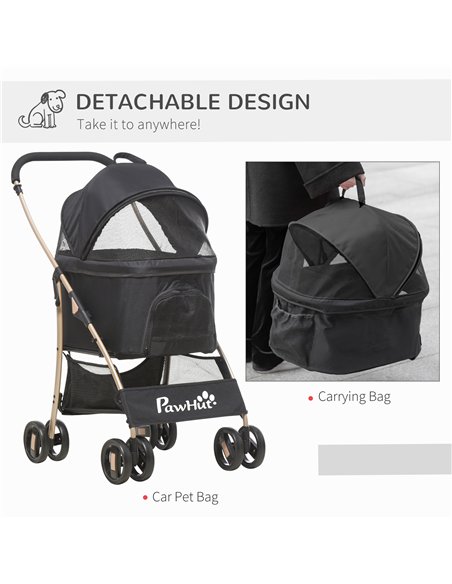 PawHut Detachable Pet Stroller with Rain Cover, 3 In 1 Cat Dog Pushchair, Foldable Carrying Bag w/ Universal Wheels, Brake, Cano - pic 145249 | FastDaddyshop
