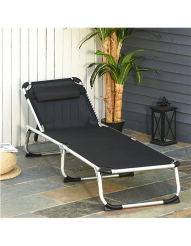 Outsunny Foldable Reclining Sun Lounger Lounge Chair Camping Bed Cot with Pillow 5-Level Adjustable Back Aluminium Frame Black