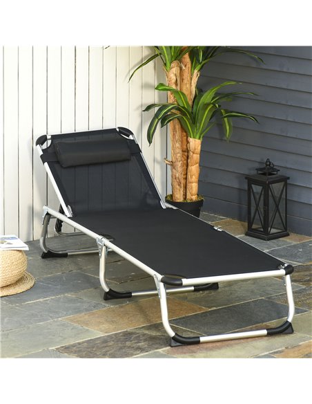 Outsunny Foldable Reclining Sun Lounger Lounge Chair Camping Bed Cot with Pillow 5-Level Adjustable Back Aluminium Frame Black - pic 14525 | FastDaddyshop