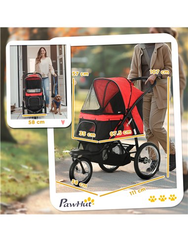 PawHut Foldable Pet Stroller with Three Wheels, for Small, Medium Dogs, Red