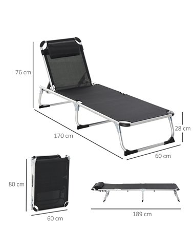Outsunny Foldable Reclining Sun Lounger Lounge Chair Camping Bed Cot with Pillow 5-Level Adjustable Back Aluminium Frame Black