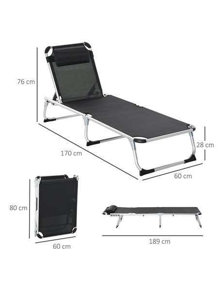 Outsunny Foldable Reclining Sun Lounger Lounge Chair Camping Bed Cot with Pillow 5-Level Adjustable Back Aluminium Frame Black - pic 14526 | FastDaddyshop