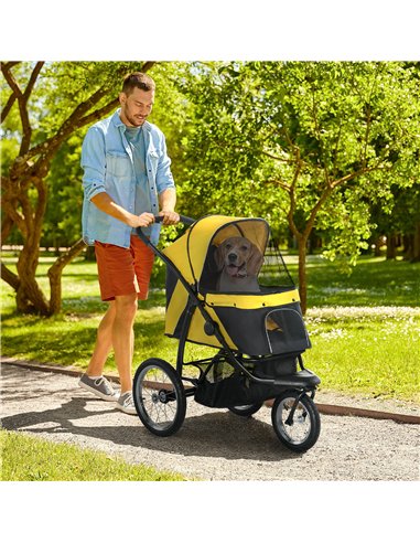 PawHut Foldable Pet Stroller Jogger, with Three Wheels, Canopy, for Medium and Small Dogs, Yellow